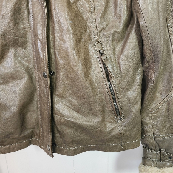 Vintage Leather Jacket Green Aviator Shearling Collar Cuffs 1990s Womens Medium - Picture 4 of 16